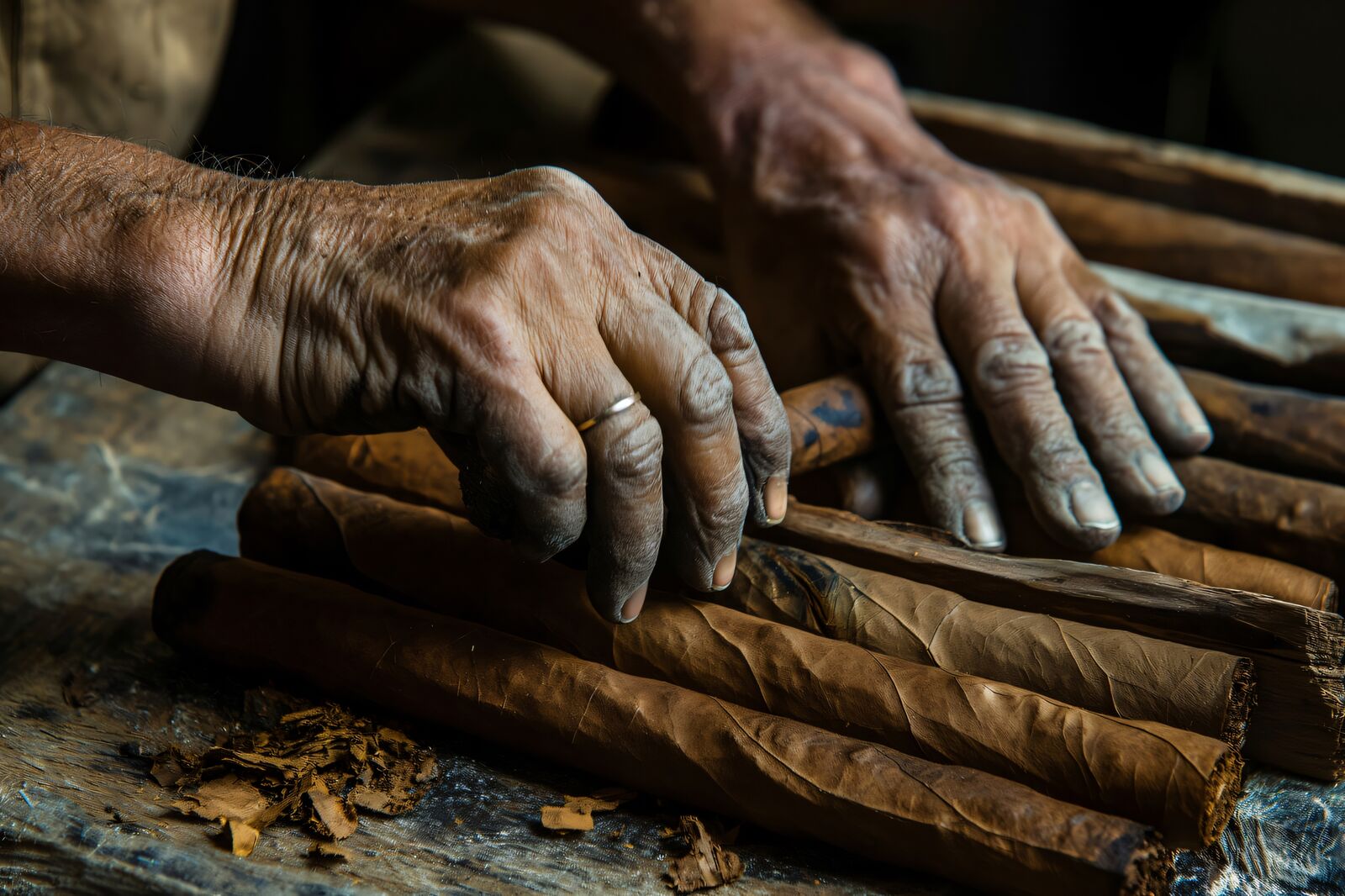 A cigar roller's hands selecting a tobacco leaf over a table of finished cigars